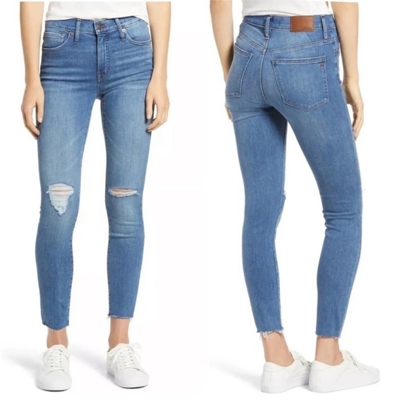 Madewell 9" Mid Rise Skinny Jeans Raw Hem Distressed Medium Wash Size 25 - Picture 1 of 10